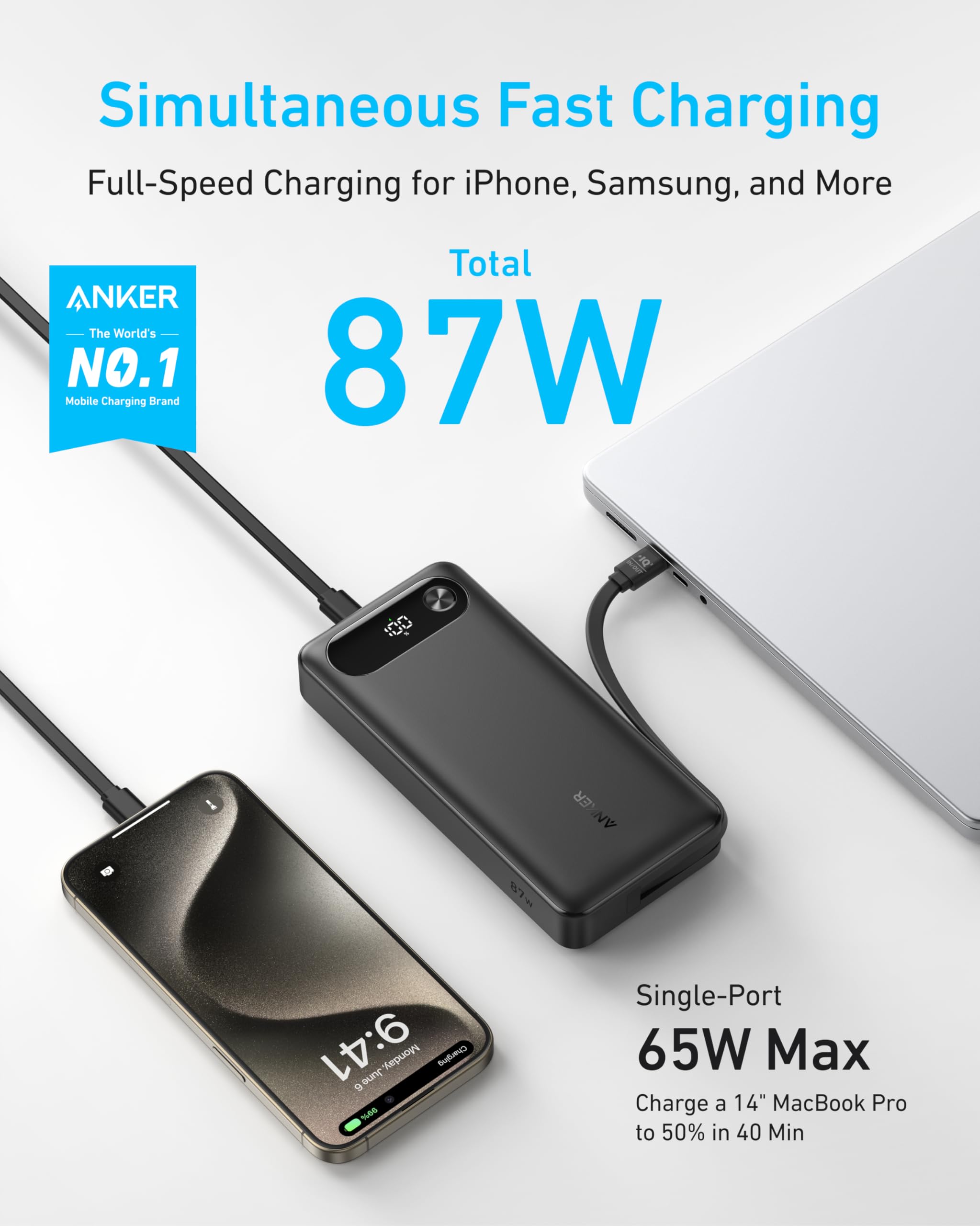 Anker Built-In USB-C Cable Power Bank (20,000mAh, 87W)